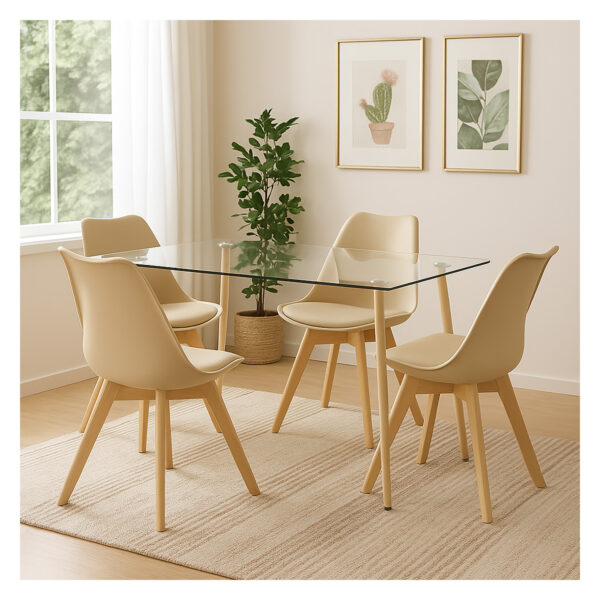 juego de comedor 4 puestos rectangular Hydrus con mesa de vidrio, sillas beige con asiento tapizado y patas en madera, ubicado en ambiente moderno y minimalista. All Star Muebles