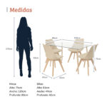 Imagen con medidas de un comedor rectangular de vidrio con cuatro sillas color beige con asiento tapizado y patas de madera. La mesa mide 75 cm de alto por 80 cm de ancho y 120 cm de profundidad, y las sillas miden 83 cm de alto, 49 cm de ancho y 42 cm de profundidad, junto a una silueta de referencia de 170 cm. All Star Comedor