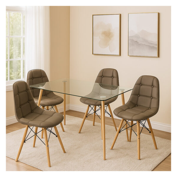 juego de comedor 4 puestos rectangular lynx con mesa en vidrio y sillas tapizadas color café, ubicado en ambiente moderno y minimalista. All Star muebles