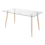 Mesa de comedor Lynx con tapa en vidrio templado, patas metálicas texturizadas de madera, vista en perspectiva. All Star Comedores