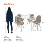 Imagen con medidas de un comedor rectangular de vidrio con cuatro sillas tapizadas cafés y patas de madera. La mesa mide 75 cm de alto por 80 cm de ancho y 120 cm de profundidad, y las sillas miden 83 cm de alto, 44 cm de ancho y 39 cm de profundidad, junto a una silueta de referencia de 170 cm. All Star Comedor