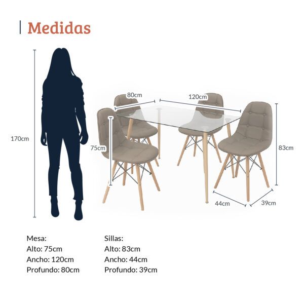 Imagen con medidas de un comedor rectangular de vidrio con cuatro sillas tapizadas cafés y patas de madera. La mesa mide 75 cm de alto por 80 cm de ancho y 120 cm de profundidad, y las sillas miden 83 cm de alto, 44 cm de ancho y 39 cm de profundidad, junto a una silueta de referencia de 170 cm. All Star Comedor