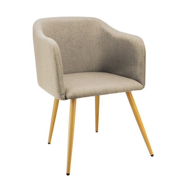 silla comedor Lyra tapizada color beige con patas metálicas acabado en madera vista en perspectiva. All Star Sillas