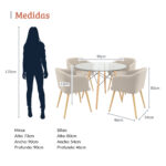 Imagen con medidas de un comedor redondo de vidrio con cuatro sillas beige y patas de metálicas. La mesa mide 73 cm de alto por 90 cm de ancho y profundidad, y las sillas miden 80 cm de alto, 54 cm de ancho y 46 cm de profundidad, junto a una silueta de referencia de 170 cm. All Star Comedor