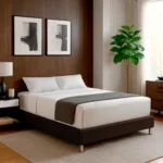 base cama tapizada color café ubicada en dormitorio moderno sofisticado, con colchón y tendidos visto desde perspectiva. All Star Colombia Muebes