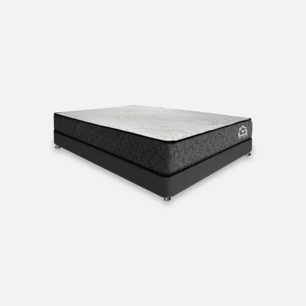 Colchón Bruma Semi Ortopédico visto en persepctiva sobre basecama tapizada color gris