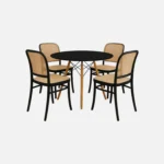 juego comedor circular 4 puestos Carina tapa negra, con cuatro sillas plásticas con textura de tejido, vista en perspectiva. All Star comedores
