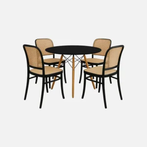 juego comedor circular 4 puestos Carina tapa negra, con cuatro sillas plásticas con textura de tejido, vista en perspectiva. All Star comedores