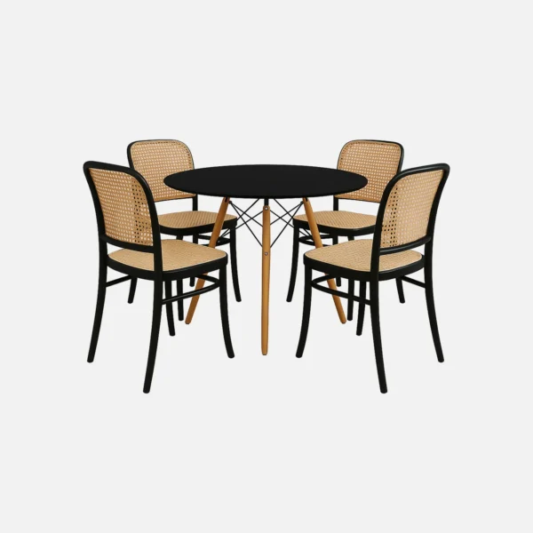 juego comedor circular 4 puestos Carina tapa negra, con cuatro sillas plásticas con textura de tejido, vista en perspectiva. All Star comedores