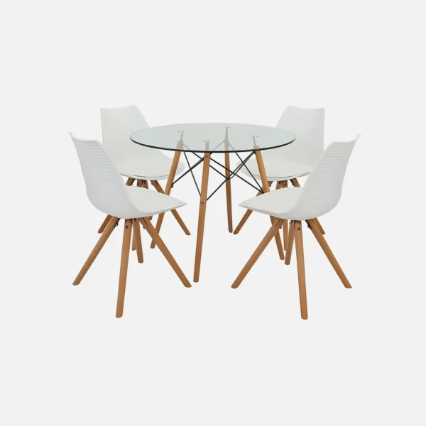 juego comedor 4 puestos redondo mesa vidrio sillas blancas. All Star Muebles