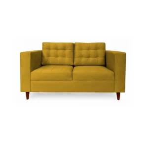 Sofá Honey 2 puestos tapizado en color mostaza con capitoneado, patas en madera maciza tono envejecido al 100% torneadas, visto desde frente. Muebles All Star