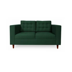 Sofá Honey 2 puestos tapizado en color verde con capitoneado, patas en madera maciza tono envejecido 100% torneadas, visto desde frente. Muebles All Star