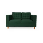 Sofá Honey 2 puestos tapizado en color verde con capitoneado, patas en madera maciza tono envejecido al 50% torneadas, visto desde frente. Muebles All Star