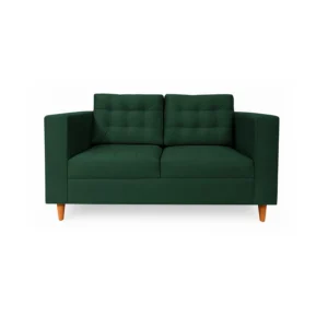 Sofá Honey 2 puestos tapizado en color verde con capitoneado, patas en madera maciza tono envejecido al 50% torneadas, visto desde frente. Muebles All Star