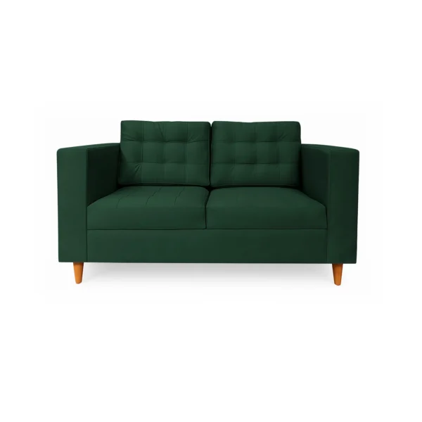Sofá Honey 2 puestos tapizado en color verde con capitoneado, patas en madera maciza tono envejecido al 50% torneadas, visto desde frente. Muebles All Star