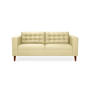 Sofá Honey 3 puestos tapizado en color beige con capitoneado, patas en madera maciza tono envejecido al 100% torneadas, visto desde frente. Muebles All Star