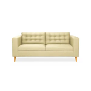 Sofá Honey 3 puestos tapizado en color beige con capitoneado, patas en madera maciza tono natural torneadas, visto desde frente. Muebles All Star