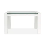 mesa comedor en madera flor morado pintada color blanco con tapa de vidrio templado visto de frente. Muebles All Star