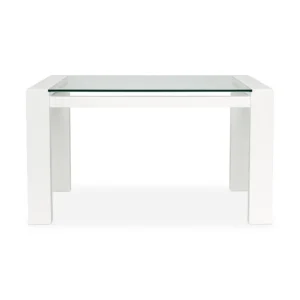 mesa comedor en madera flor morado pintada color blanco con tapa de vidrio templado visto de frente. Muebles All Star