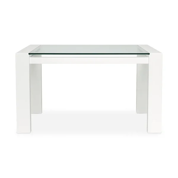 mesa comedor en madera flor morado pintada color blanco con tapa de vidrio templado visto de frente. Muebles All Star