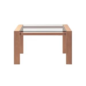 mesa comedor en madera flor morado en tono natural con tapa de vidrio templado visto de frente. Muebles All Star