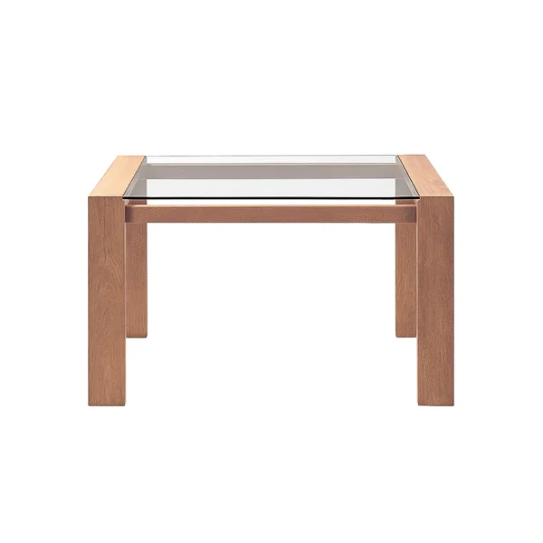 mesa comedor en madera flor morado en tono natural con tapa de vidrio templado visto de frente. Muebles All Star