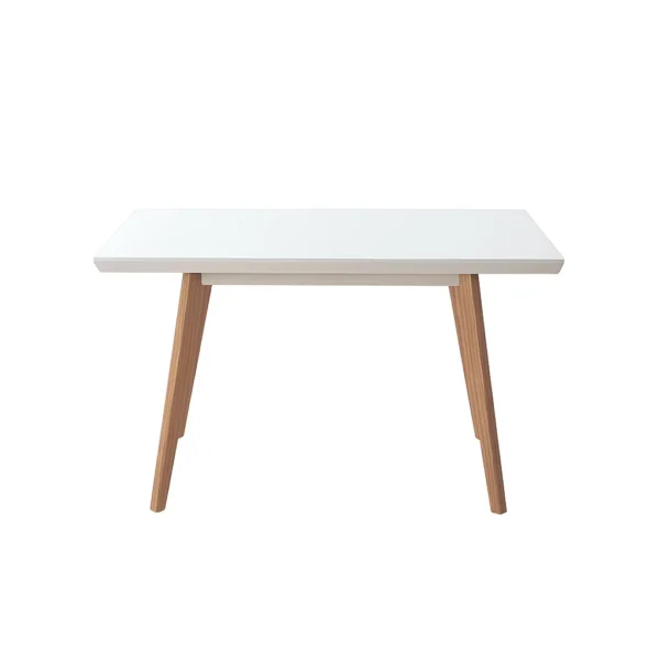 mesa comedor en madera flor morado en tono natural con tapa en acabado blanco vista de frente. Muebles All Star