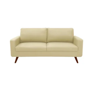 Sofá Río tapizado liso en color beige con patas en madera maciza envejecidas al 100% torneadas visto desde frente. Muebles All Star