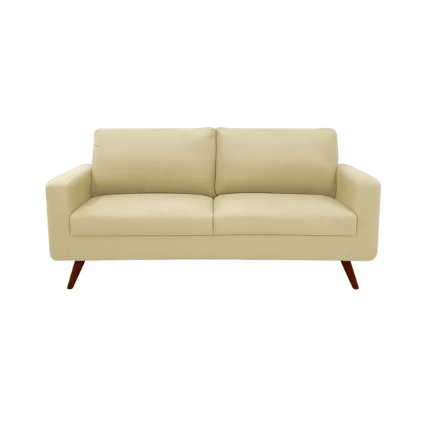 Sofá Río tapizado liso en color beige con patas en madera maciza envejecidas al 100% torneadas visto desde frente. Muebles All Star