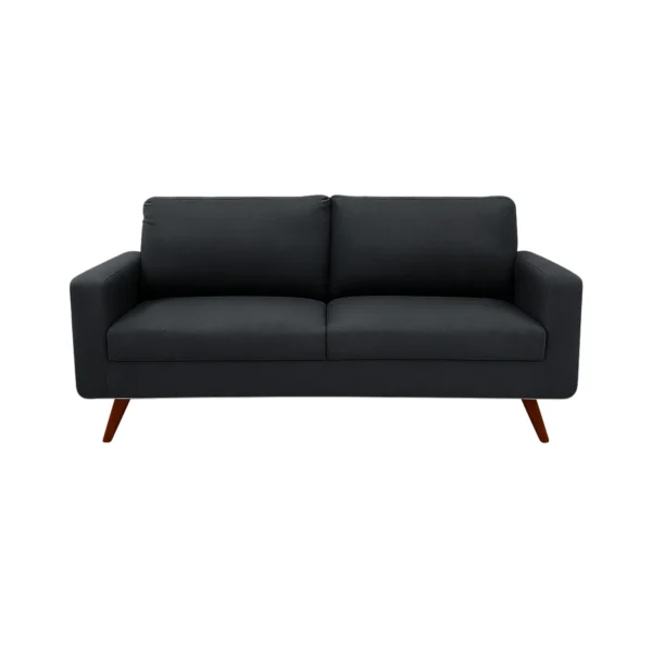 Sofá Río tapizado liso en color negro con patas en madera maciza envejecidas al 100% torneadas visto desde frente. Muebles All Star