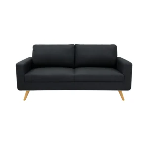 Sofá Río tapizado liso en color negro con patas en madera maciza tono natural torneadas visto desde frente. Muebles All Star