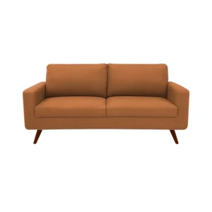 Sofá Río tapizado liso en color terracota con patas en madera maciza envejecidas al 100% torneadas visto desde frente. Muebles All Star