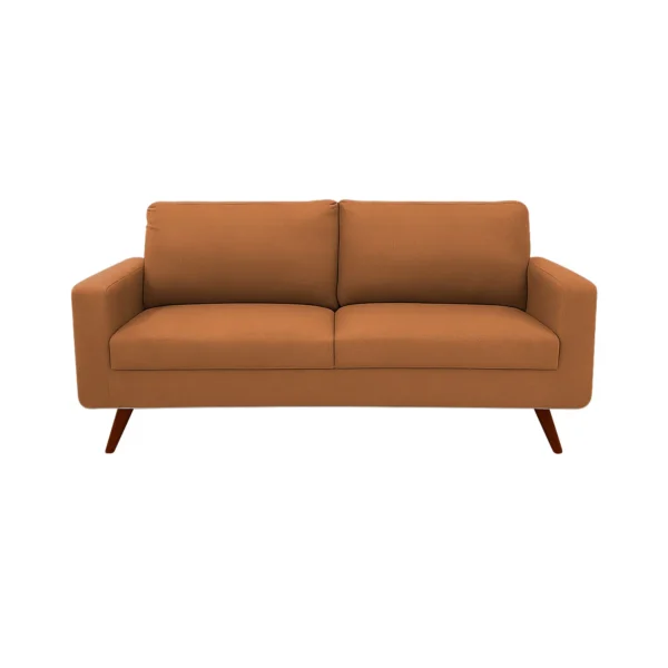 Sofá Río tapizado liso en color terracota con patas en madera maciza envejecidas al 100% torneadas visto desde frente. Muebles All Star