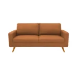 Sofá Río tapizado liso en color terracota con patas en madera maciza envejecidas al 50% torneadas visto desde frente. Muebles All Star