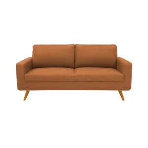 Sofá Río tapizado liso en color terracota con patas en madera maciza envejecidas al 50% torneadas visto desde frente. Muebles All Star