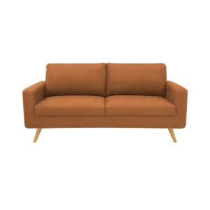 Sofá Río tapizado liso en color terracota con patas en madera maciza tono natural torneadas visto desde frente. Muebles All Star