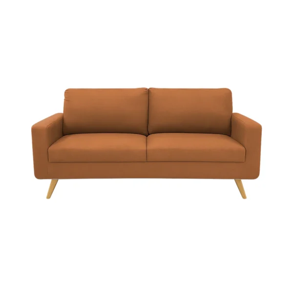 Sofá Río tapizado liso en color terracota con patas en madera maciza tono natural torneadas visto desde frente. Muebles All Star