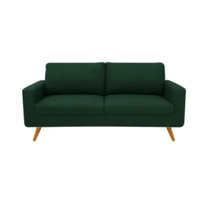 Sofá Río tapizado liso en color verde con patas en madera maciza envejecida al 50% torneadas visto desde frente. Muebles All Star