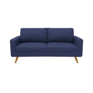 Sofá Río tapizado liso en color azul con patas en madera maciza envejecidas al 50% torneadas visto desde frente. Muebles All Star