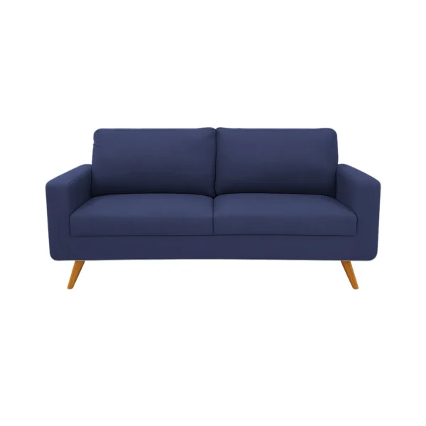 Sofá Río tapizado liso en color azul con patas en madera maciza envejecidas al 50% torneadas visto desde frente. Muebles All Star