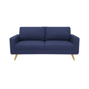 Sofá Río tapizado liso en color azul con patas en madera maciza en tono natural torneadas visto desde frente. Muebles All Star