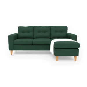 Sala en L Cielo con puff intercambiable tapizada en color verde, capitoneado en espaldar, con manta decorativa color blanco y patas en madera tono natural torneadas vista de frente. Muebles All Star
