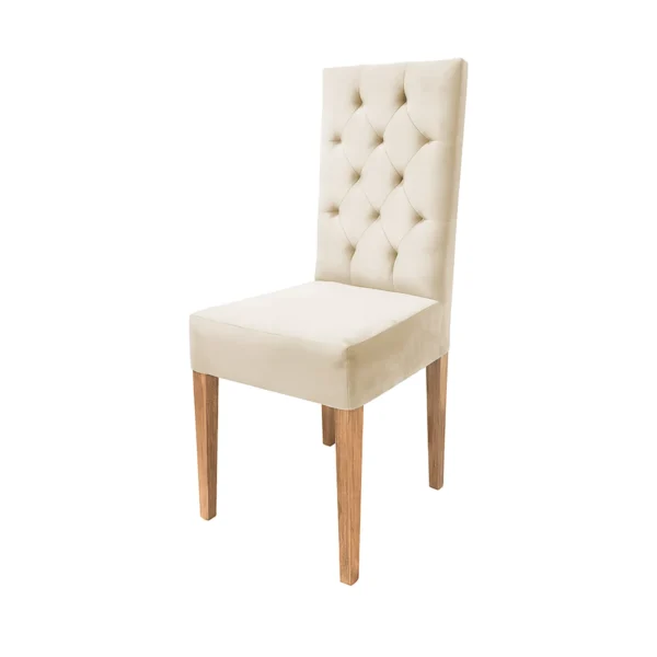 silla comedor Miguel Ángel en madera flor morado tono natural y tapizado capitoneado en el espaldar color beige vista en perspectiva. Muebles All Star