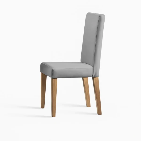 silla comedor Paris en madera flor morado tono natural y tapizado liso color gris vista en perspectiva. Muebles All Star