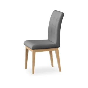 silla comedor Picasso en madera flor morado tono natural y tapizado capitoneado color gris vista en perspectiva. Muebles All Star