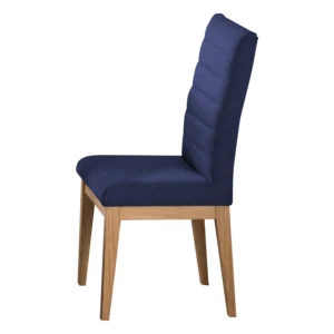 silla comedor Sahara en madera flor morado tono natural y tapizado color azul capitoneado en espaldar lineal, vista en perspectiva. Muebles All Star