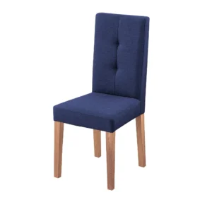silla comedor Van Gogh en madera flor morado tono natural y tapizado color azul capitoneado en espaldar, vista en perspectiva. Muebles All Star