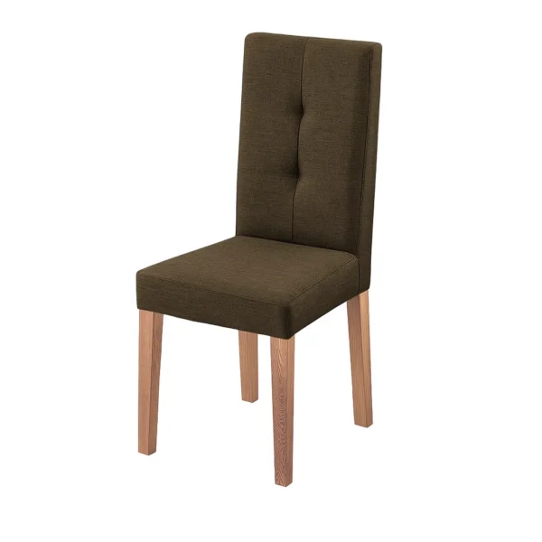 silla comedor Van Gogh en madera flor morado tono natural y tapizado color café capitoneado en espaldar, vista en perspectiva. Muebles All Star