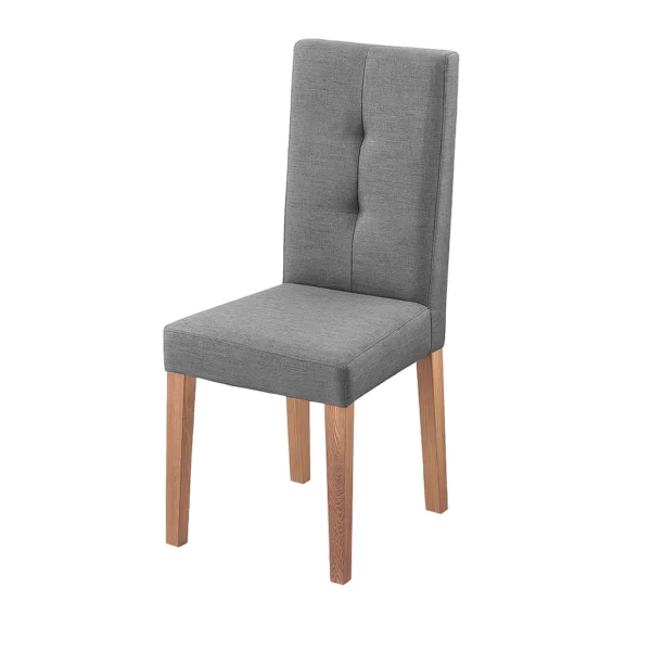 silla comedor Van Gogh en madera flor morado tono natural y tapizado color gris capitoneado en espaldar, vista en perspectiva. Muebles All Star