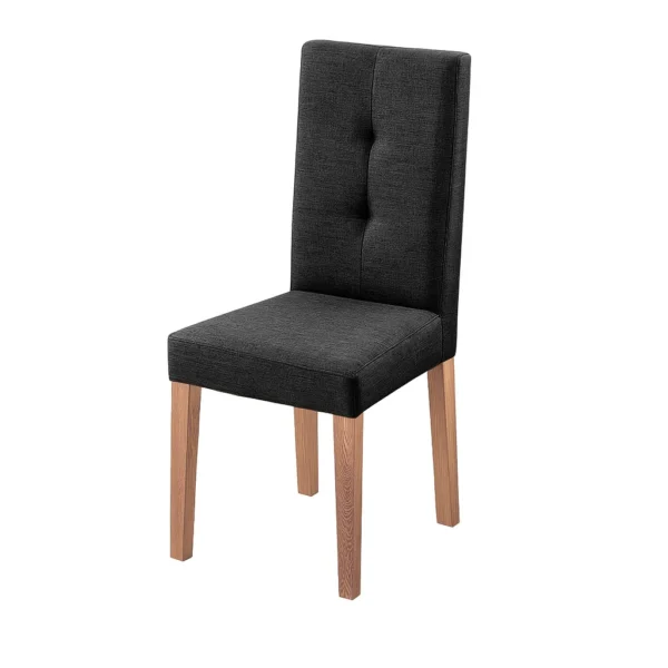 silla comedor Van Gogh en madera flor morado tono natural y tapizado color negro capitoneado en espaldar, vista en perspectiva. Muebles All Star